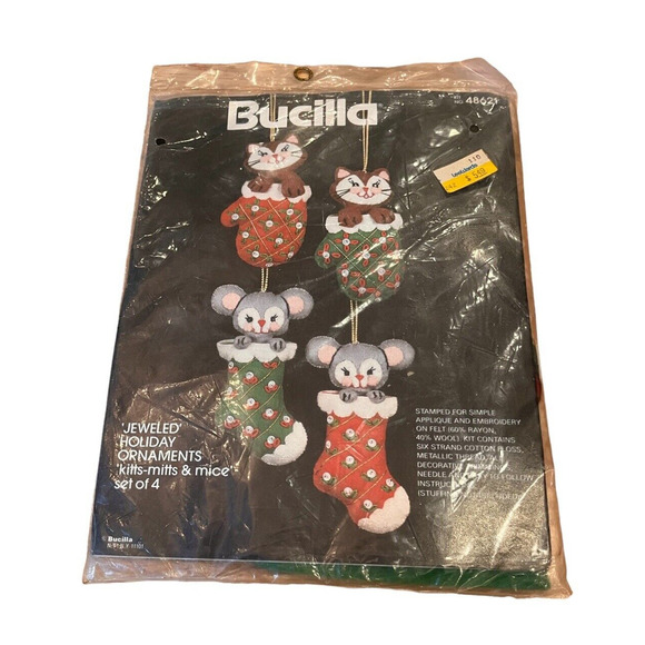 Bucilla Jeweled Holiday Felt Ornaments "Kits-Mitts & Mice” set of 4 # 48621 - Picture 1 of 2